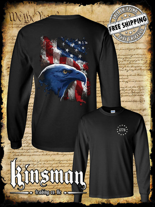 American Icon Bald Eagle 2-Sided Long Sleeve T-Shirt - American Flag 4th of July Patriotic USA