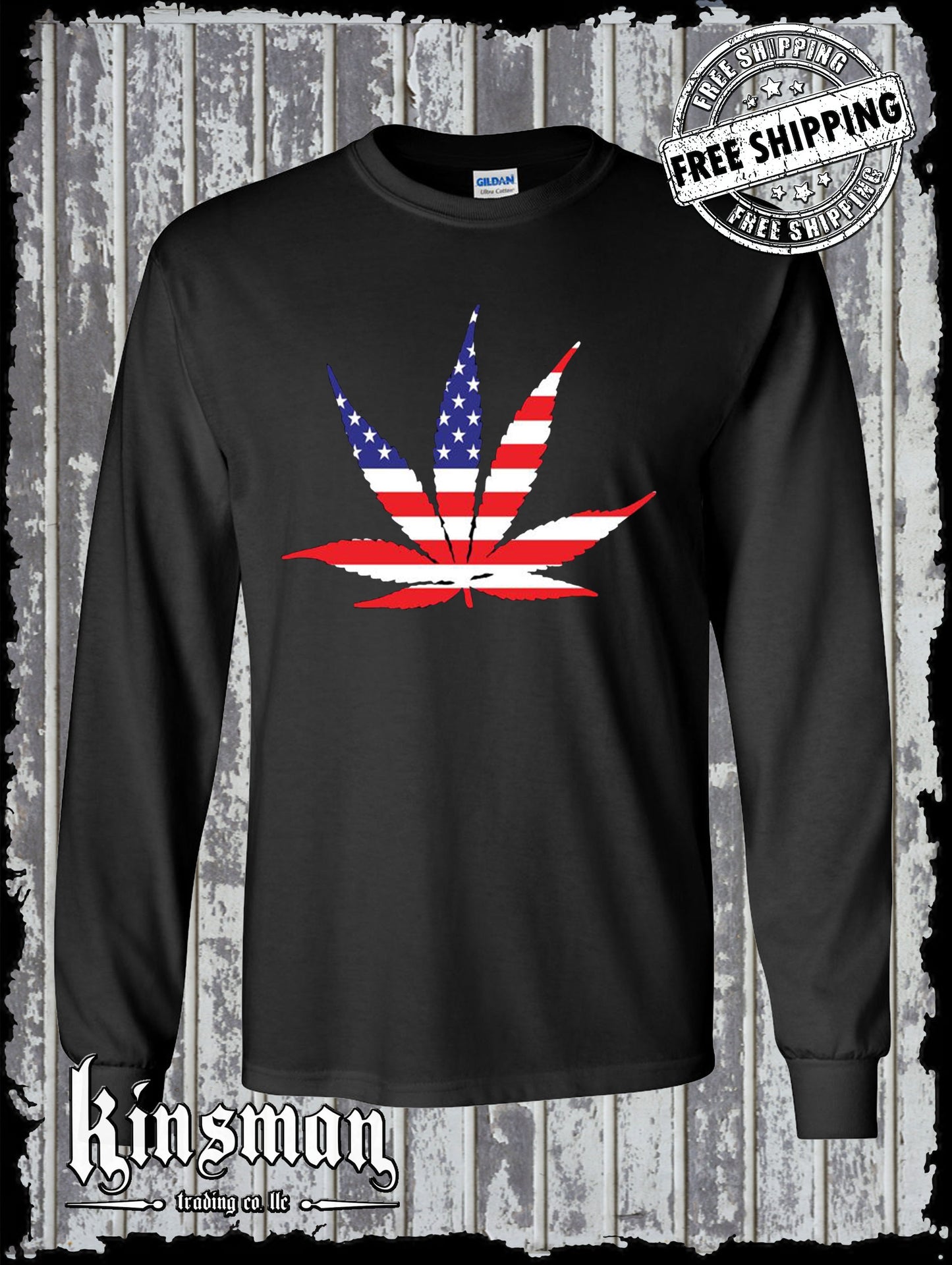 American Flag Pot Leaf USA Long Sleeve T-Shirt Marijuana Cannabis 420