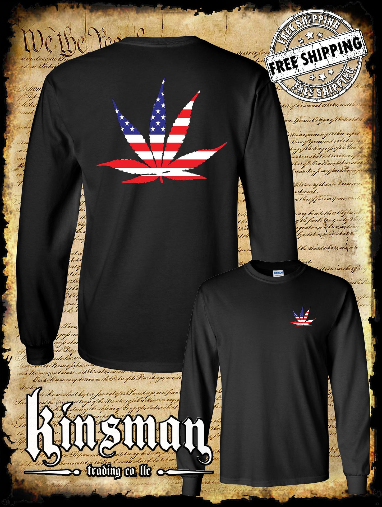 American Flag Pot Leaf USA 2-Sided Long Sleeve T-Shirt Marijuana Cannabis 420