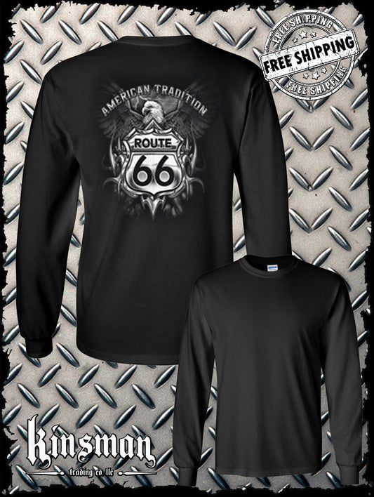 Route 66 American Tradition Eagle Long Sleeve T-Shirt Biker USA MC Back Print
