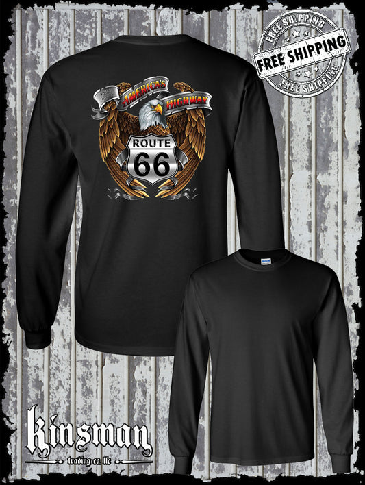 Route 66 America's Highway Eagle Long Sleeve T-Shirt Biker USA MC / Car Club Tee