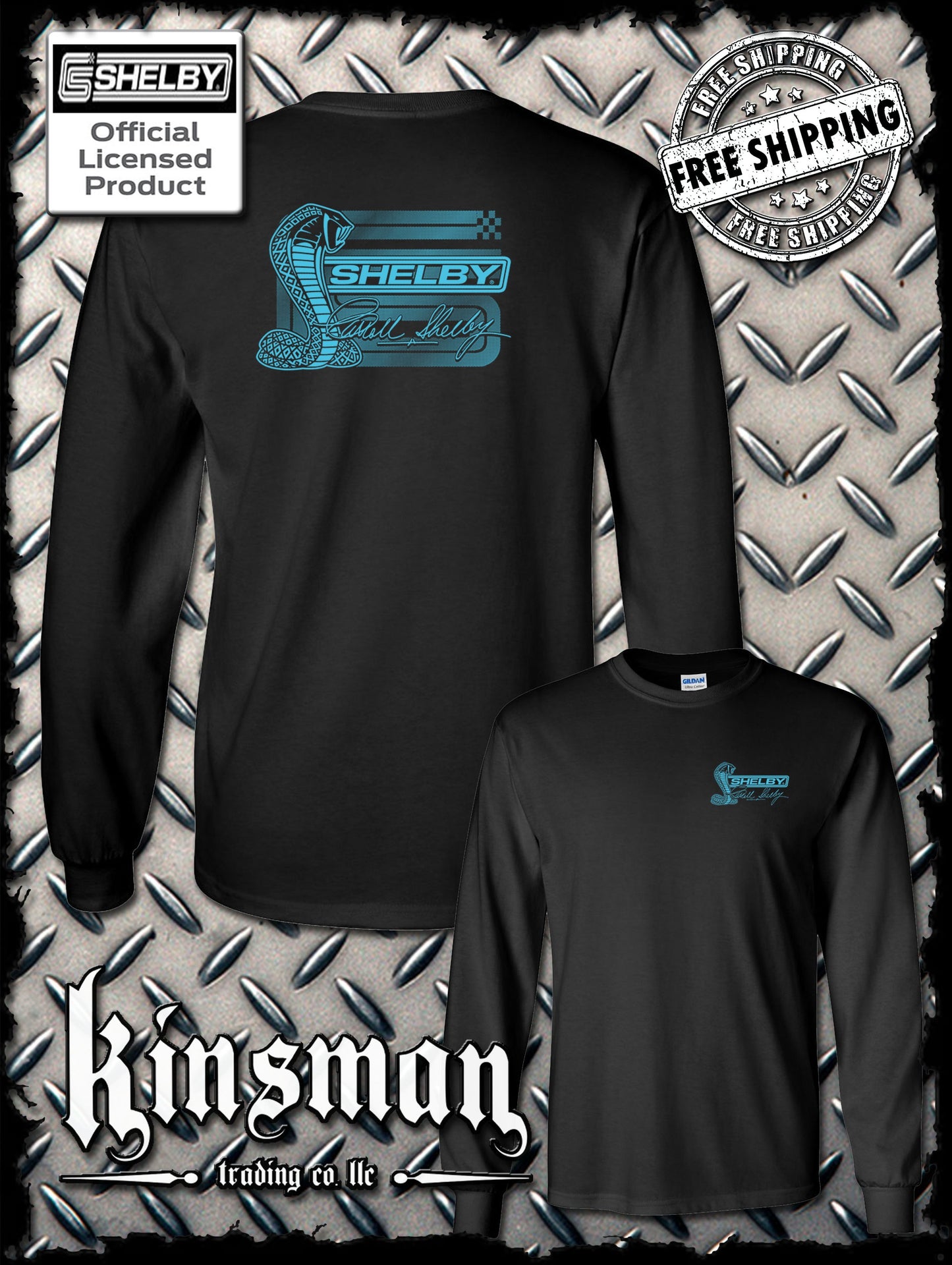 Carroll Shelby Aqua Cobra Logo 2-Sided Long Sleeve T-Shirt