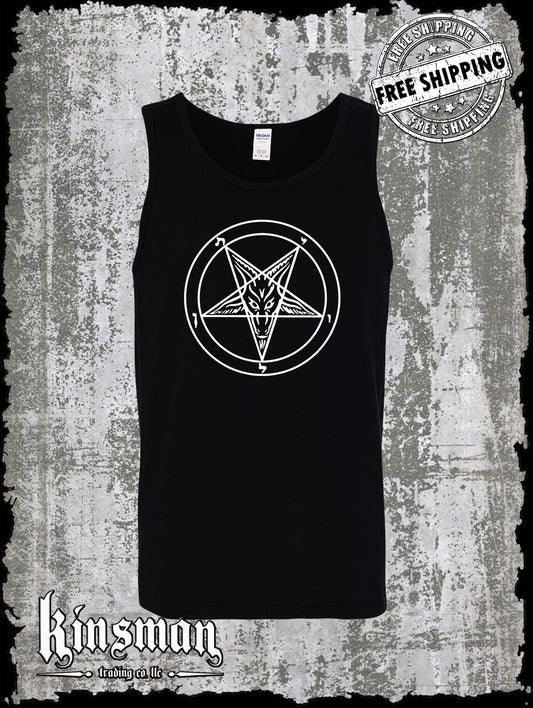 Baphomet Pentagram Tank Top T-Shirt / Satanic Church Evil Punk Rock Occult Goat Skull 666