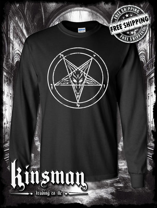 Baphomet Satanic Pentagram Distressed Logo Long Sleeve T-Shirt
