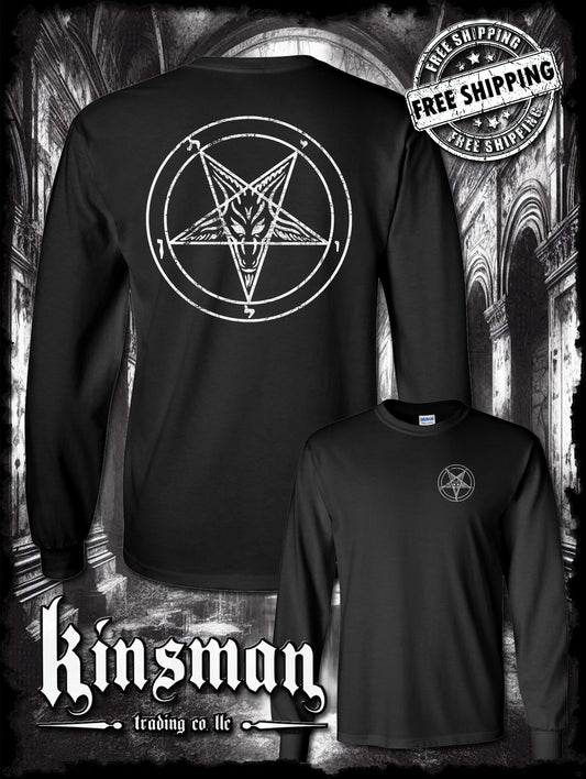 Baphomet Satanic Pentagram Distressed Logo 2-Sided Long Sleeve T-Shirt