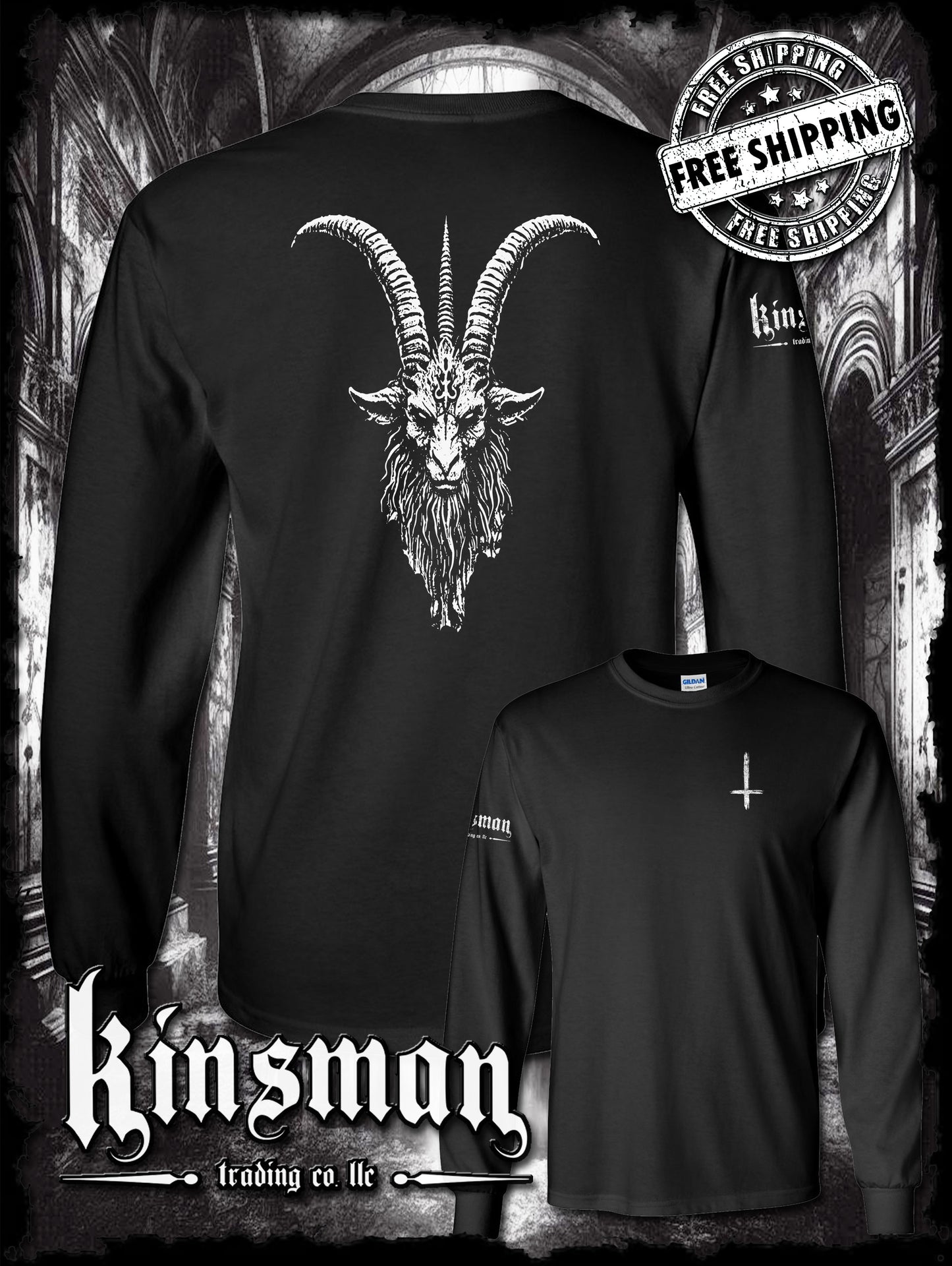 Baphomet Goat Head 2-Sided Long Sleeve T-Shirt