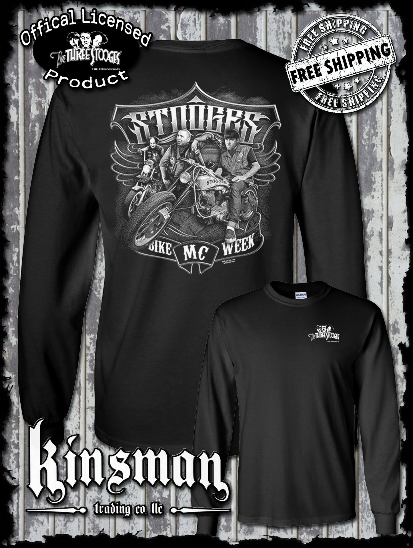 Three Stooges Bike Week MC 2-Sided Long Sleeve T-Shirt / Official Licensed Product