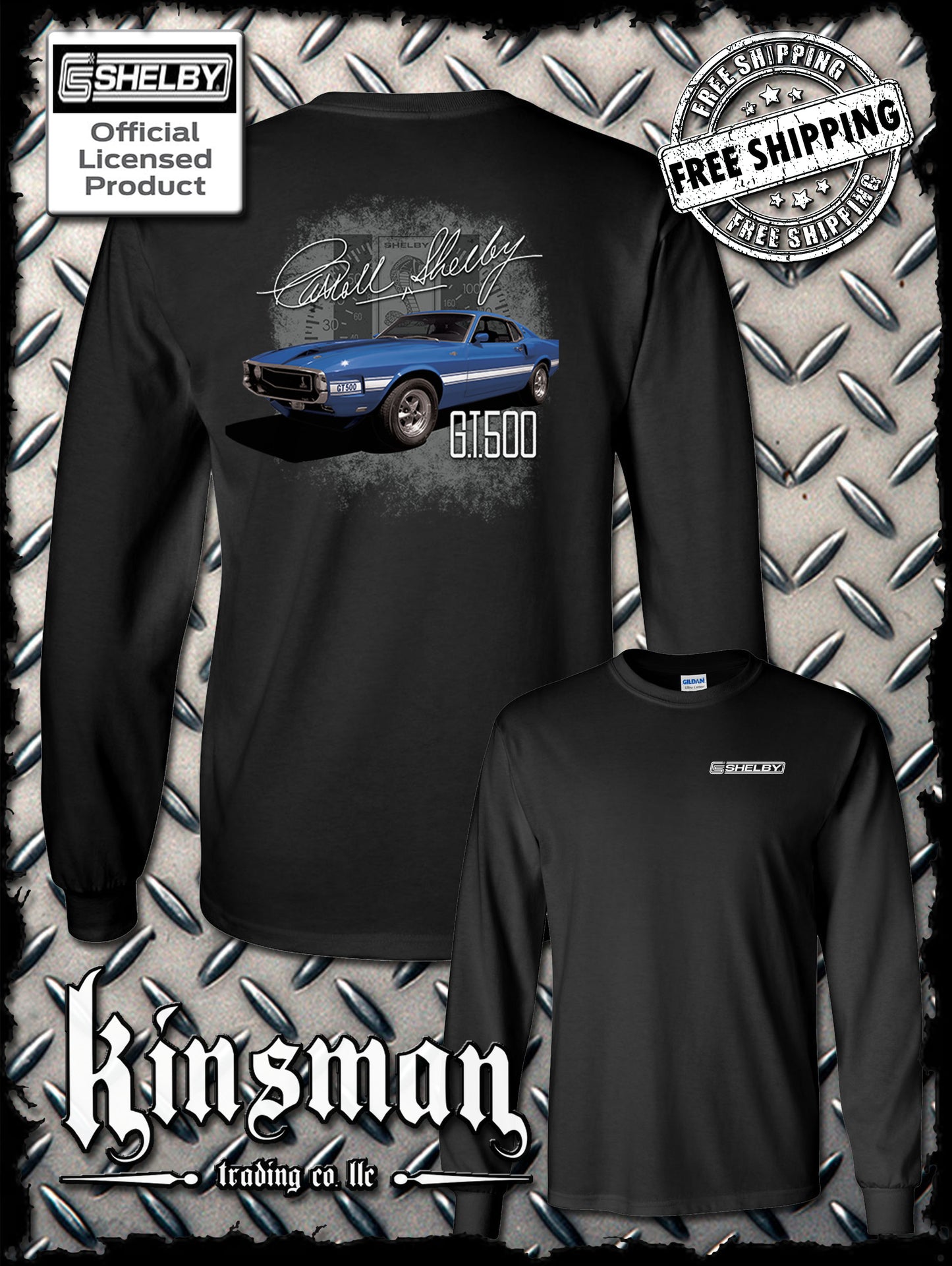 Carroll Shelby Blue GT 500 2-Sided Long Sleeve T-Shirt