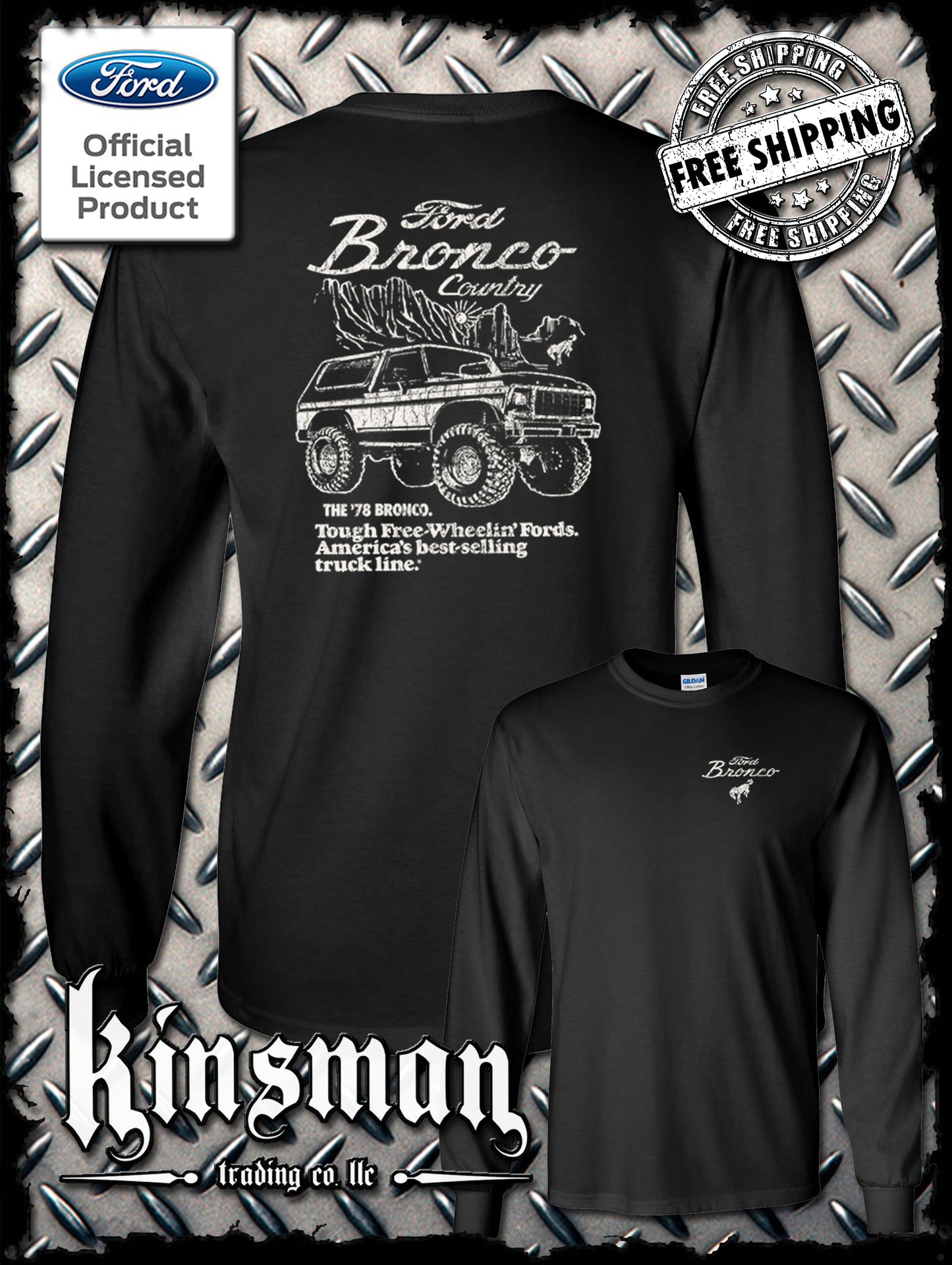 Ford Bronco Country Retro '78 Free Wheelin' 2-Sided Long Sleeve T-Shirt - Official Licensed Product