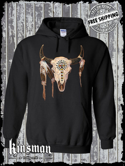 Buffalo Skull Native American Feather Hoodie / Sweatshirt Indian