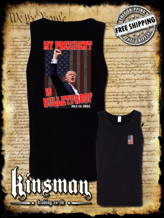 My President Is Bulletproof 2-Sided Tank Top Trump 2024 MAGA USA