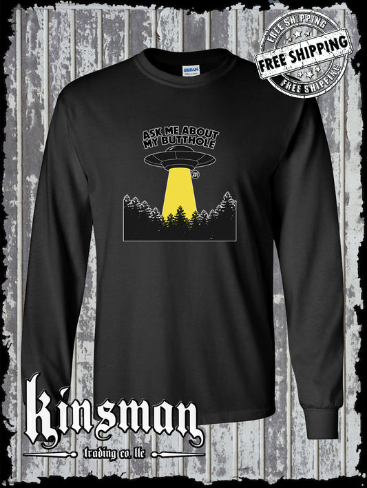 Ask Me About My Butthole Funny Alien UFO Long Sleeve T-Shirt Todd Goldman Licensed