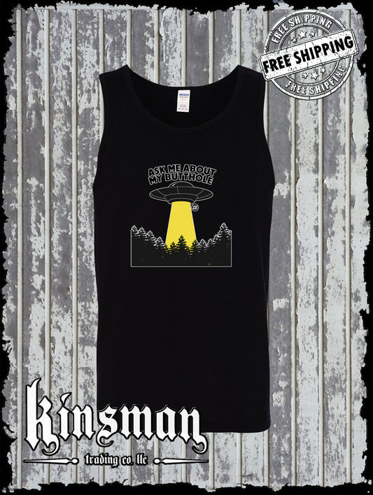 Ask Me About My Butthole Funny Alien UFO Tank Top T-Shirt Todd Goldman Licensed