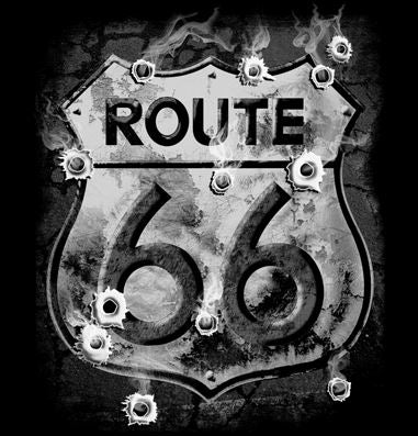 Route 66 2-Sided T-Shirt - Smoking Sign with Bullet Holes