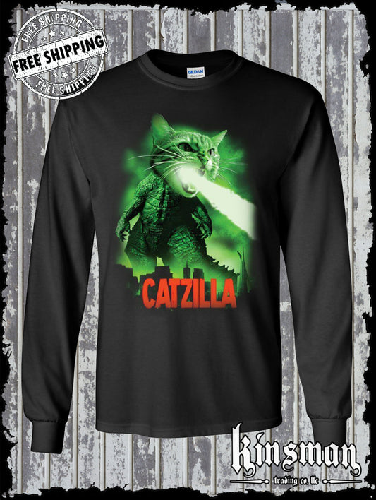 Catzilla Funny Parody Long Sleeve T-Shirt Cat Kitten Pet Atomic Breath