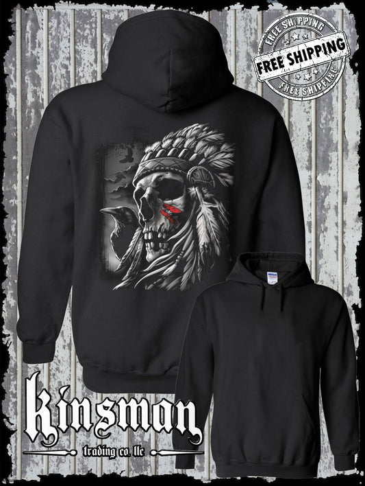 Chief Skull Native American Indian Hoodie / Sweatshirt War Bonnet Crows Feathers