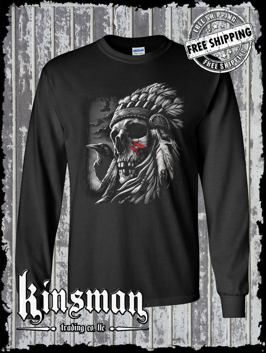 Chief Skull Native American Indian Long Sleeve T-Shirt War Bonnet Crows Feathers