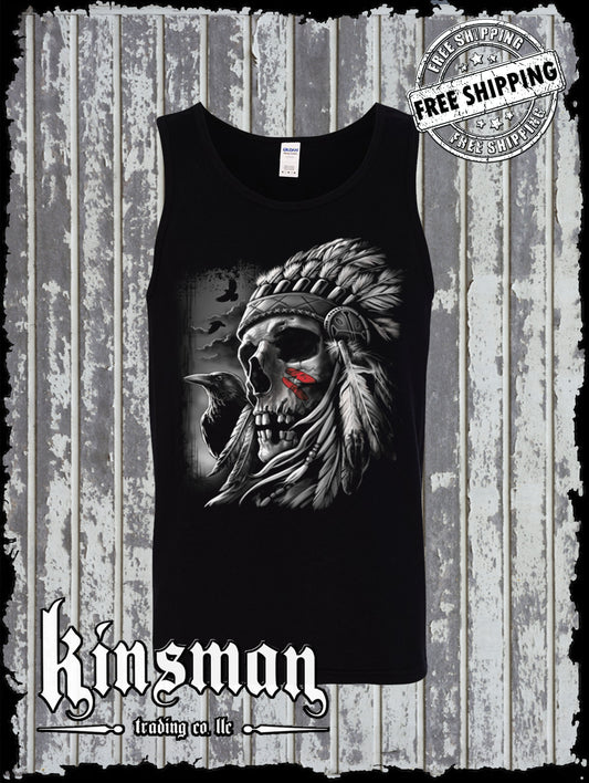 Chief Skull Native American Indian Tank Top T-Shirt War Bonnet Crows Feathers