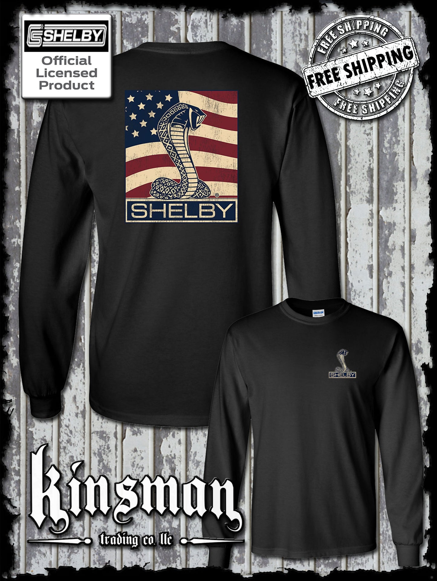 Carroll Shelby Cobra US Flag Logo 2-Sided Long Sleeve T-Shirt