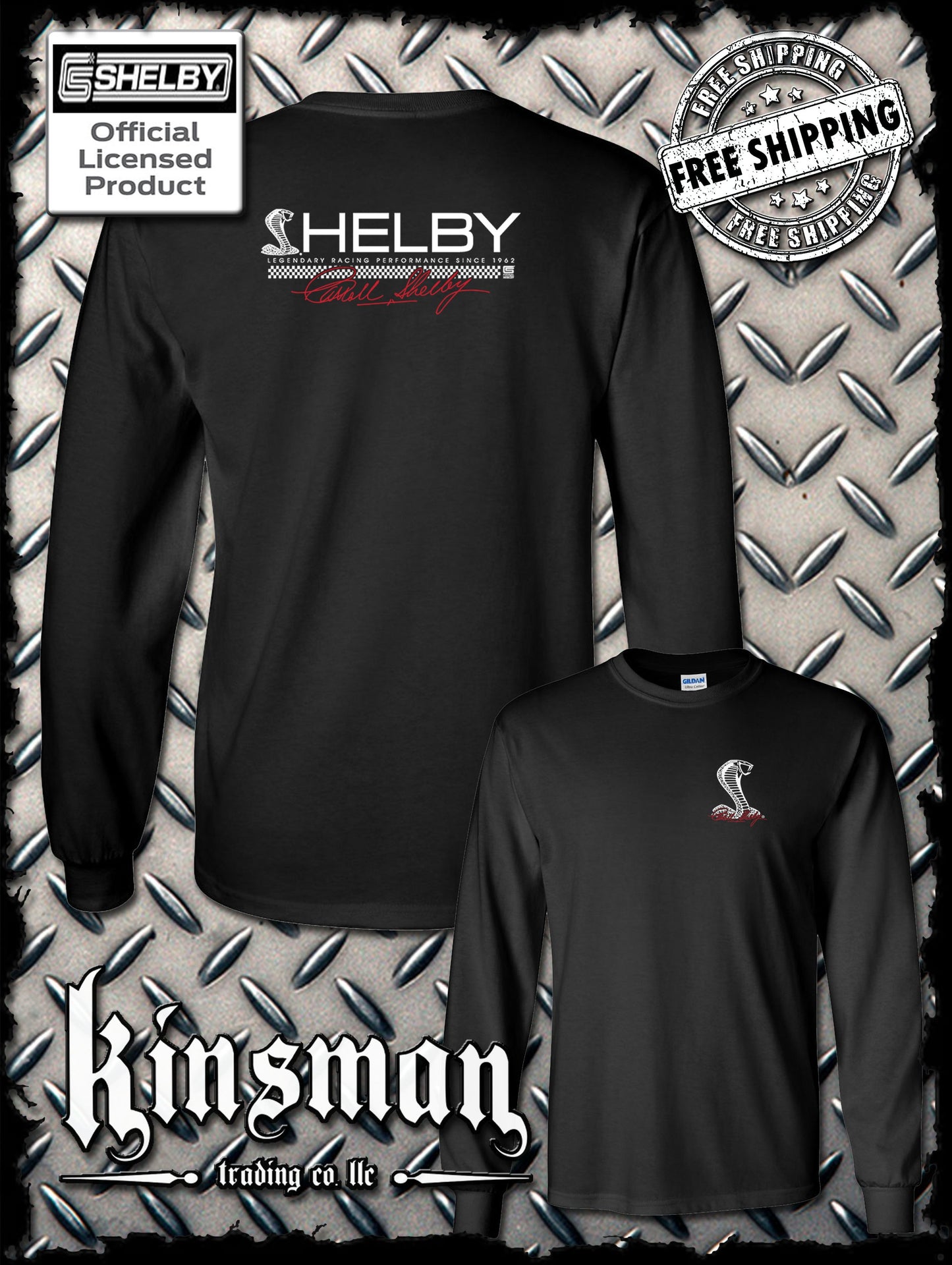 Carroll Shelby Cobra Strip Logo 2-Sided Long Sleeve T-Shirt