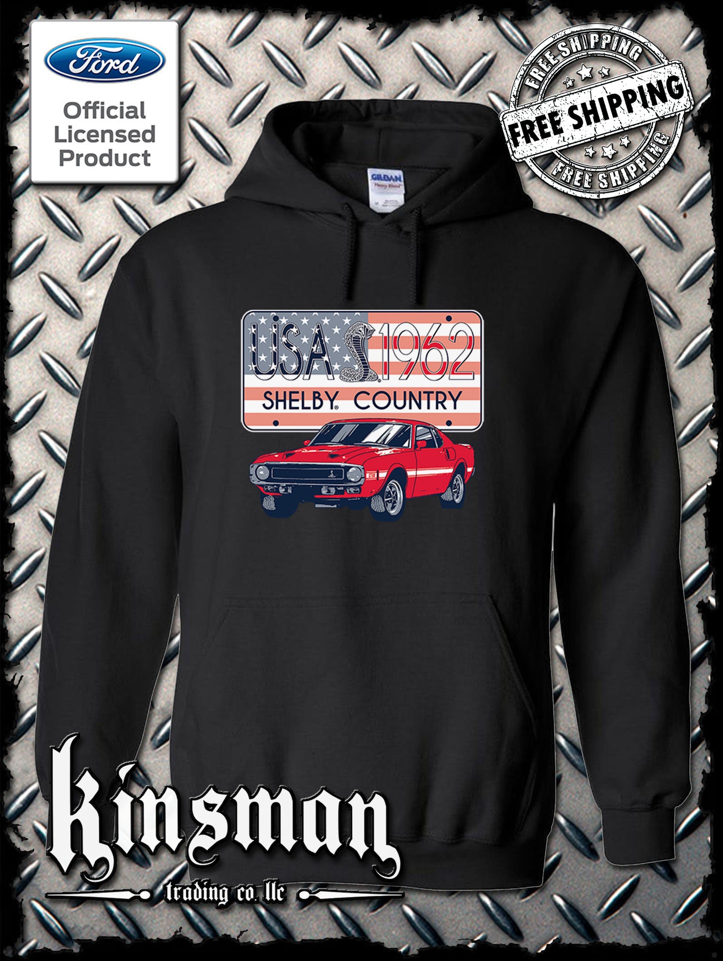 Carroll Shelby Country USA Flag 1962 License Plate Hoodie / Sweatshirt