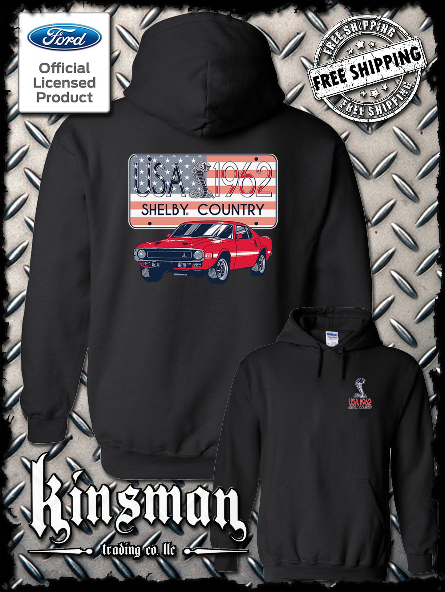 Carroll Shelby Country USA Flag 1962 License Plate 2-Sided Hoodie / Sweatshirt