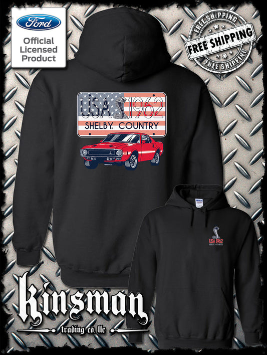 Carroll Shelby Country USA Flag 1962 License Plate 2-Sided Hoodie / Sweatshirt