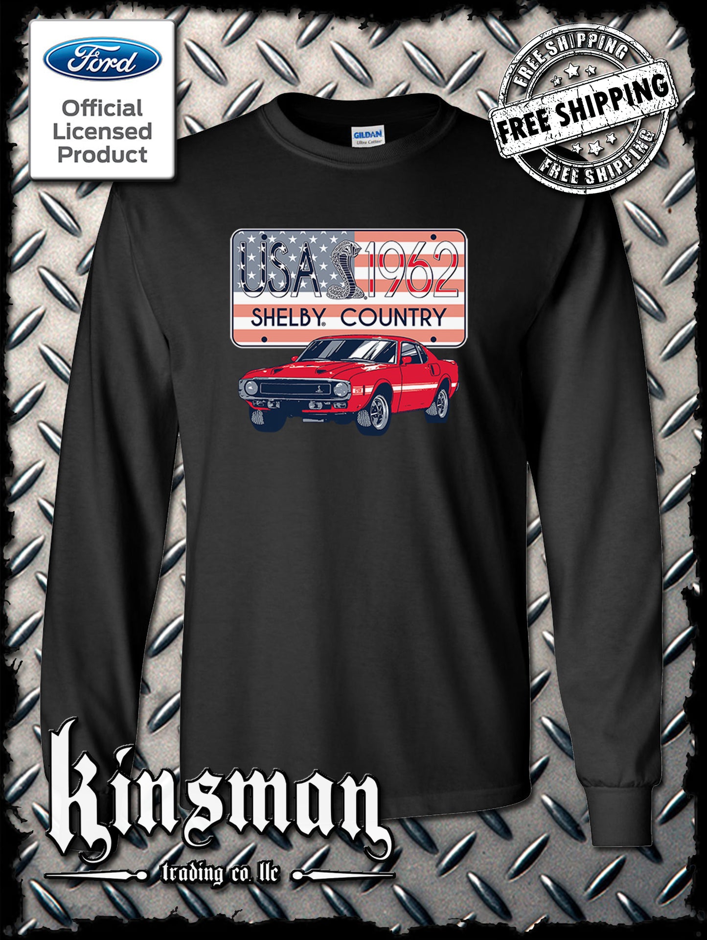 Carroll Shelby Country USA Flag 1962 License Plate Long Sleeve T-Shirt