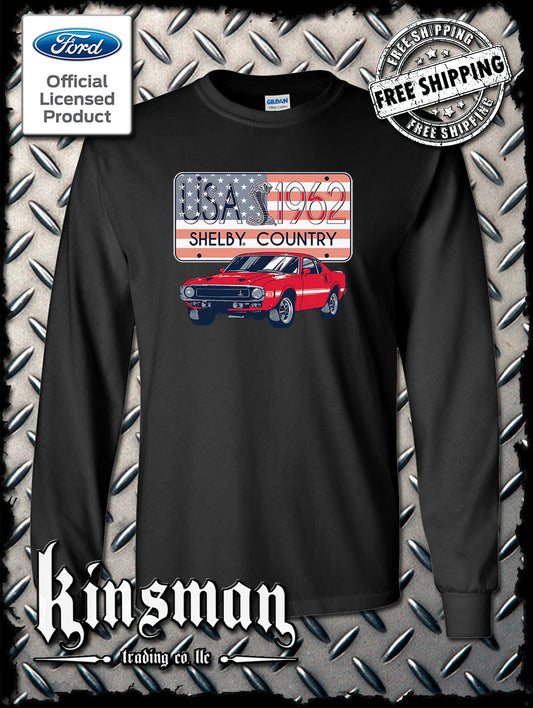 Carroll Shelby Country USA Flag 1962 License Plate Long Sleeve T-Shirt