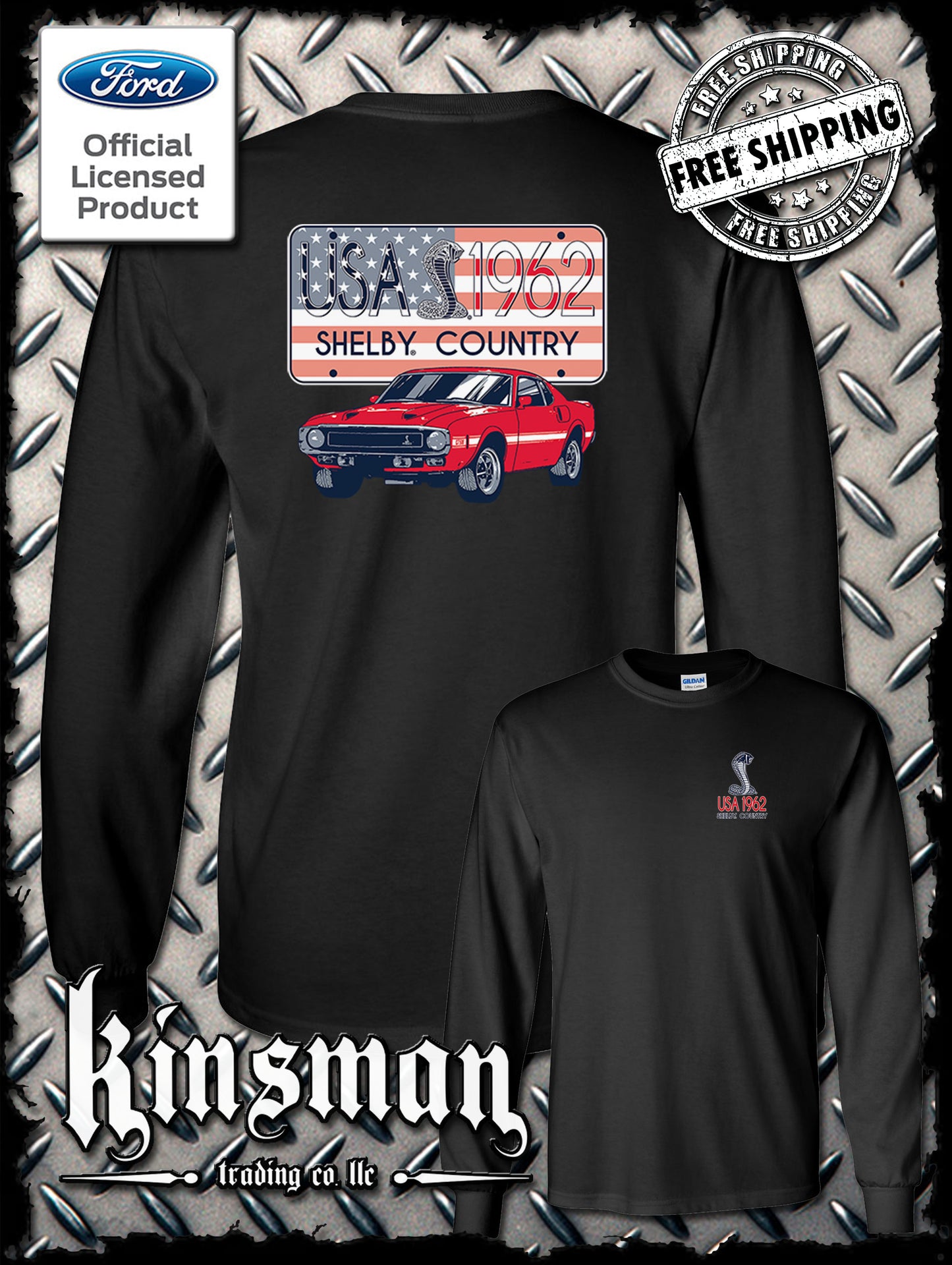 Carroll Shelby Country USA Flag 1962 License Plate 2-Sided Long Sleeve T-Shirt