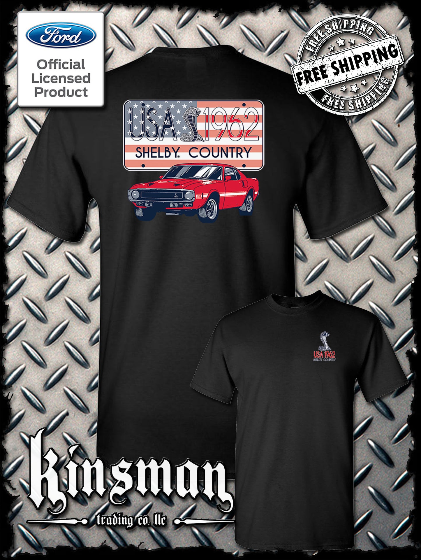 Carroll Shelby Country USA Flag 1962 License Plate 2-Sided T-Shirt