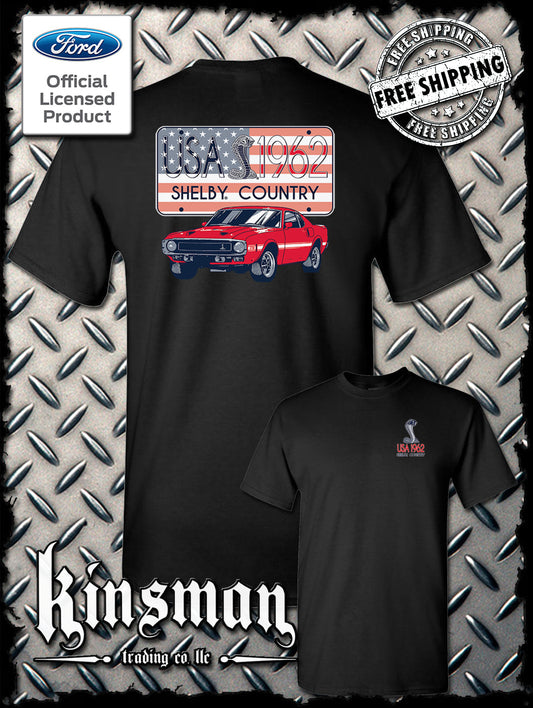 Carroll Shelby Country USA Flag 1962 License Plate 2-Sided T-Shirt