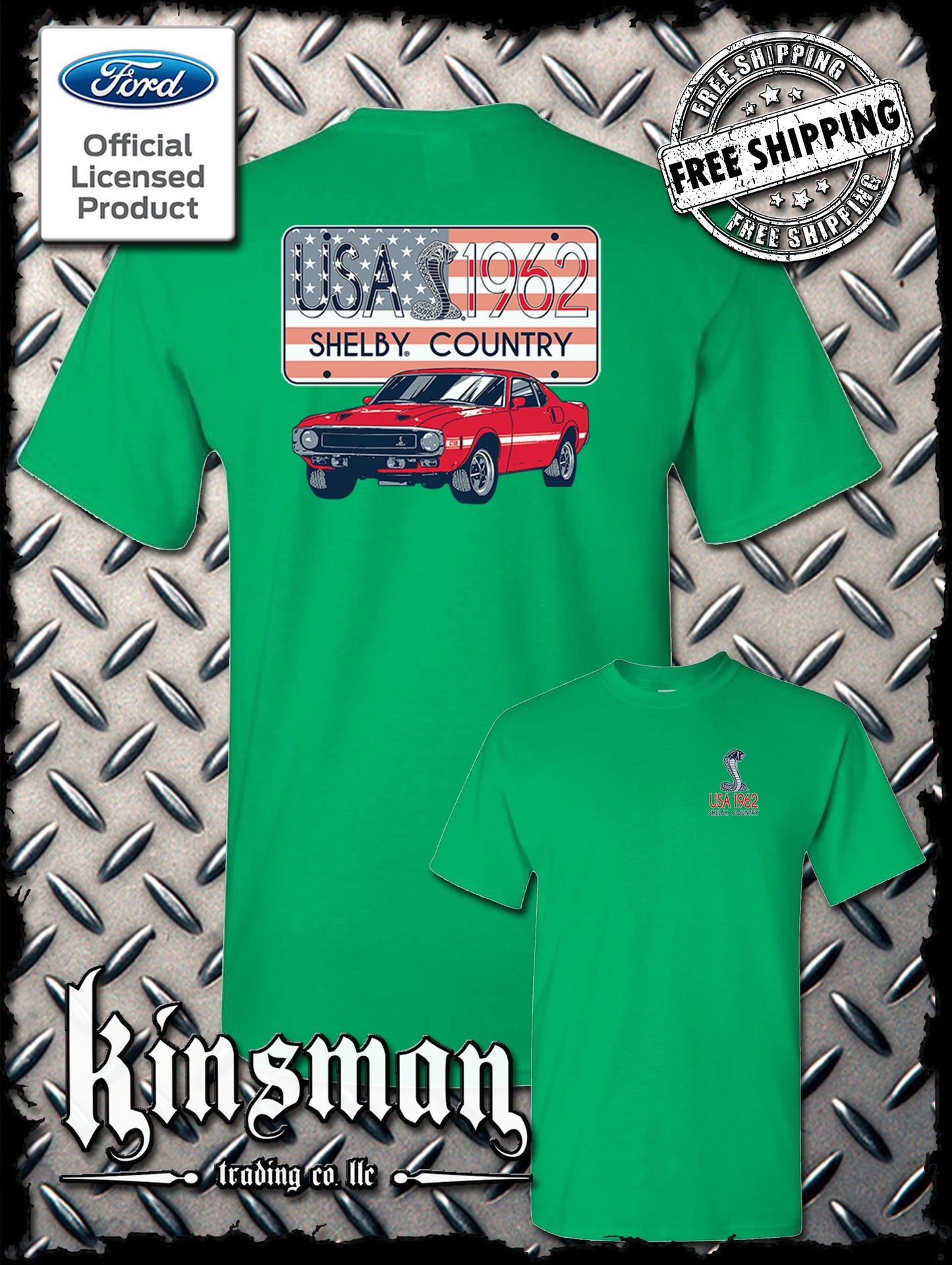 Carroll Shelby Country USA Flag 1962 License Plate 2-Sided T-Shirt