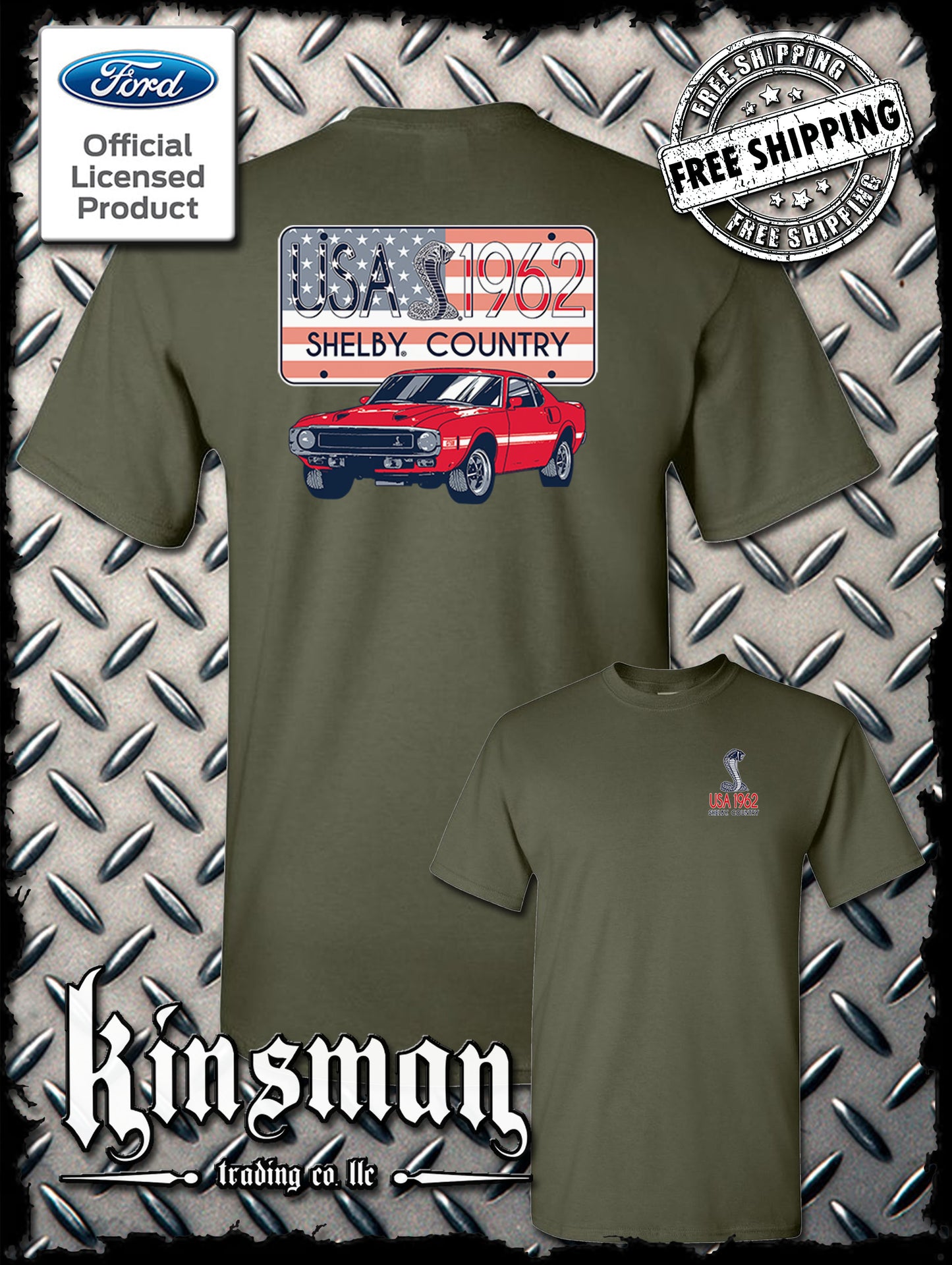 Carroll Shelby Country USA Flag 1962 License Plate 2-Sided T-Shirt