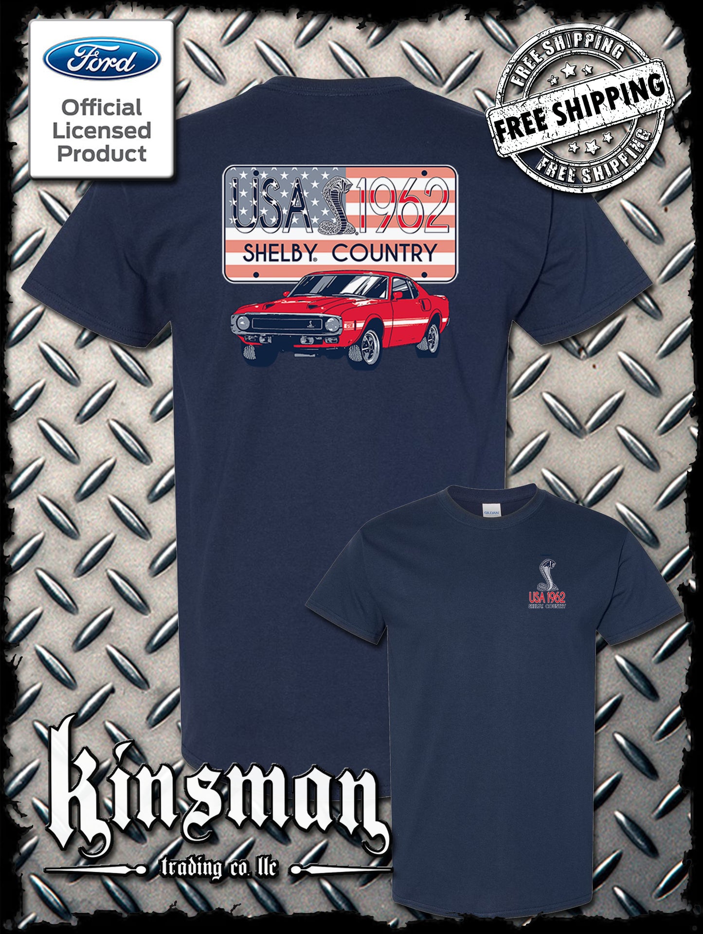 Carroll Shelby Country USA Flag 1962 License Plate 2-Sided T-Shirt