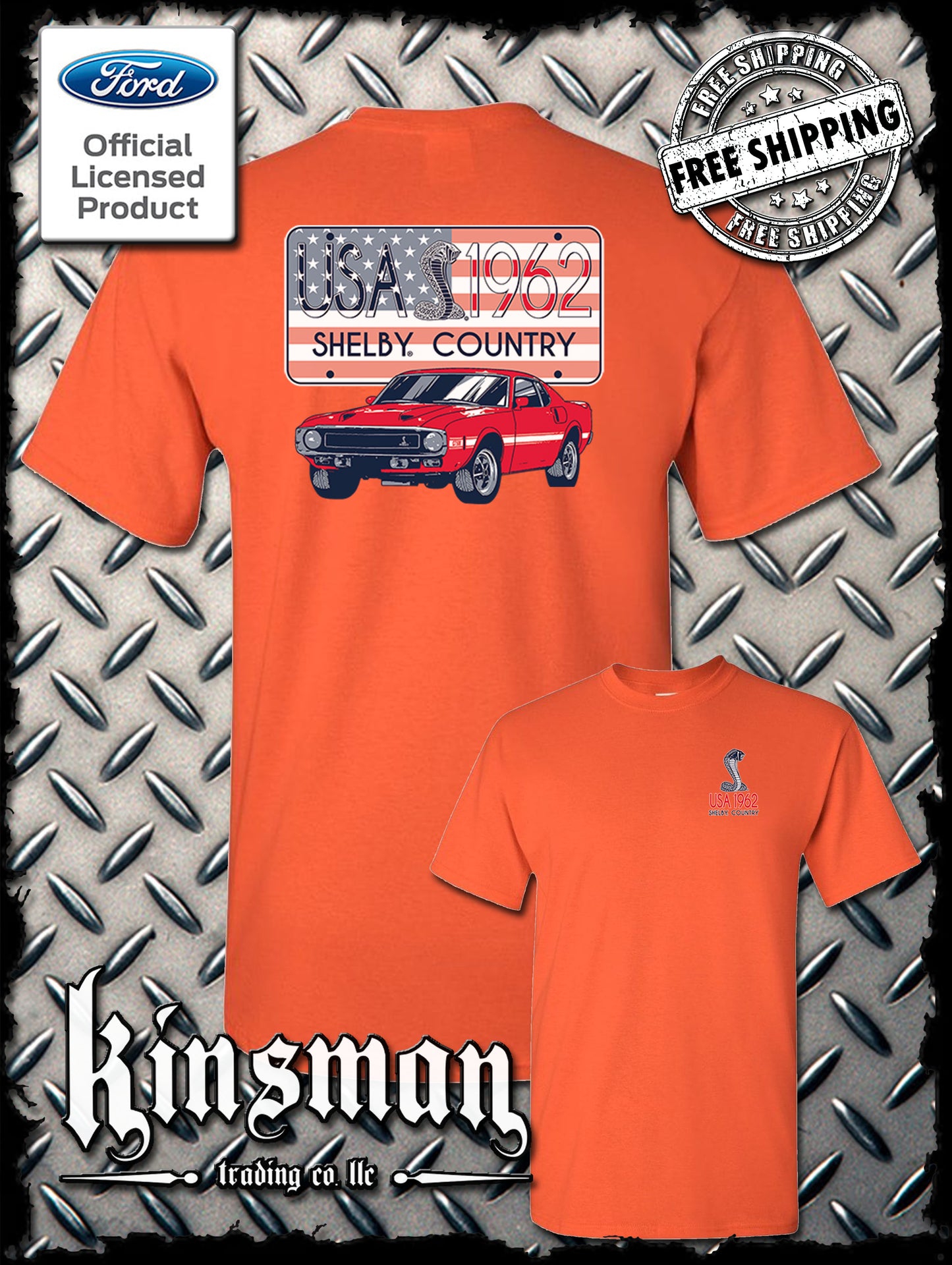 Carroll Shelby Country USA Flag 1962 License Plate 2-Sided T-Shirt