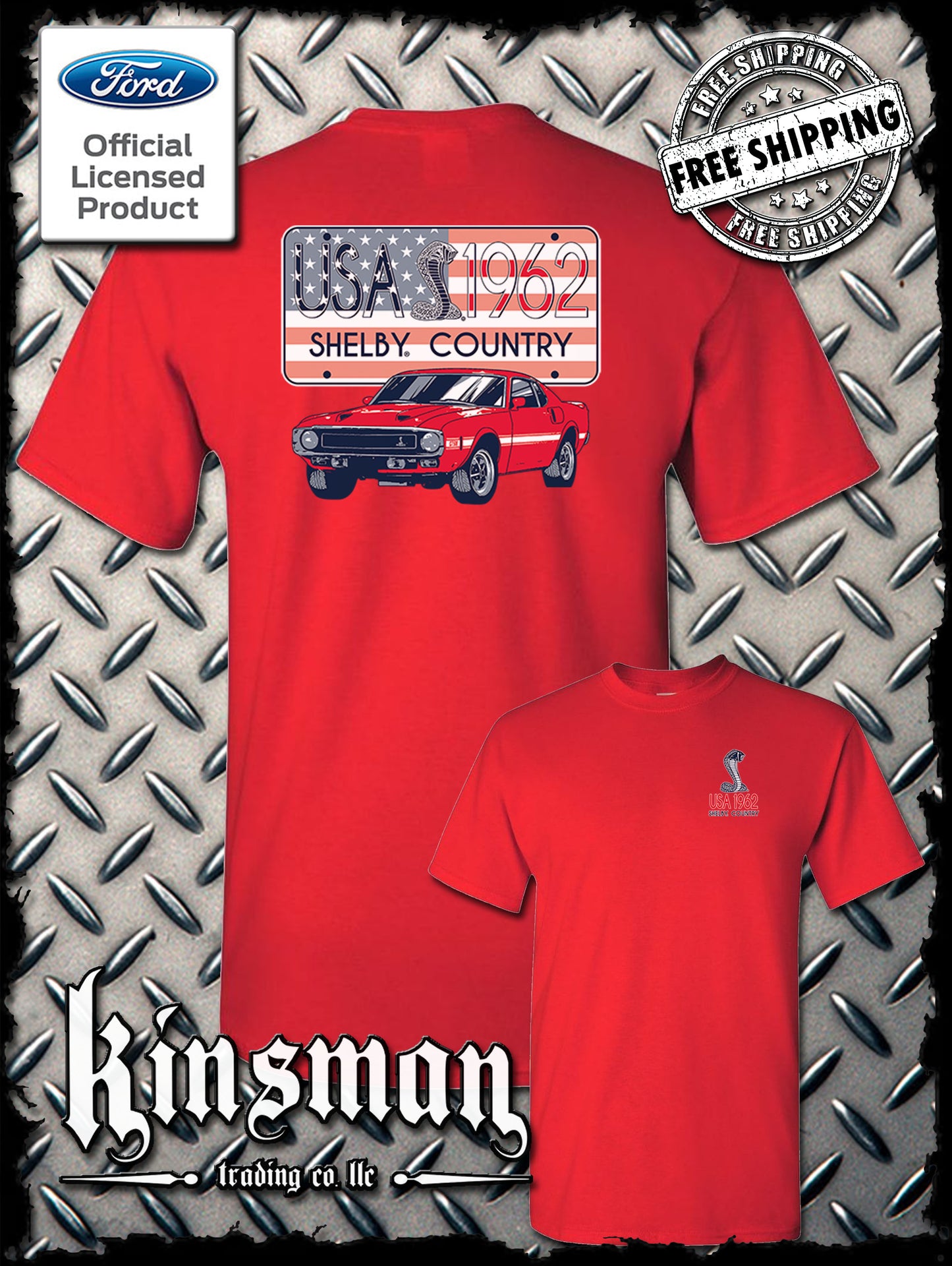 Carroll Shelby Country USA Flag 1962 License Plate 2-Sided T-Shirt