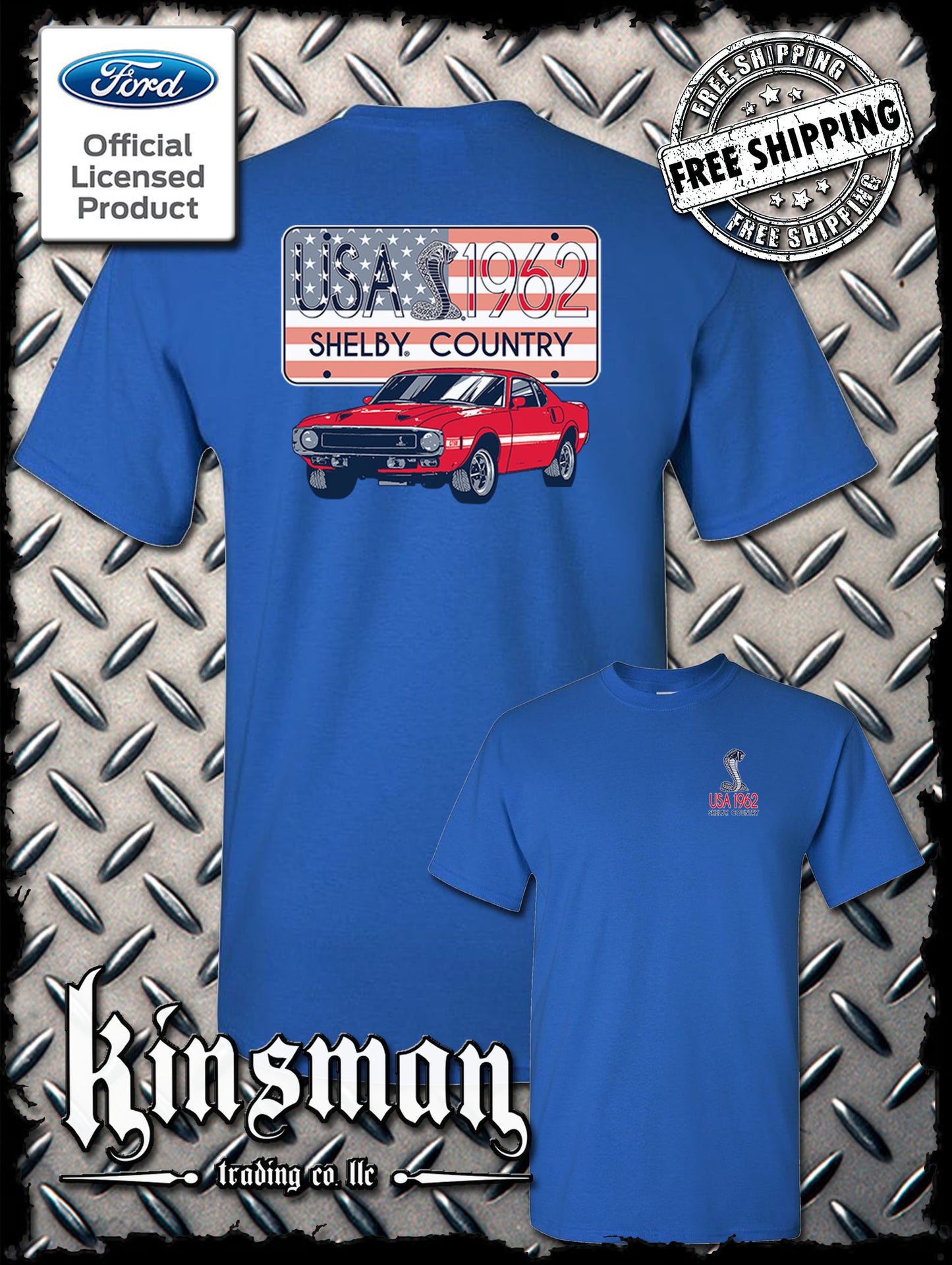 Carroll Shelby Country USA Flag 1962 License Plate 2-Sided T-Shirt