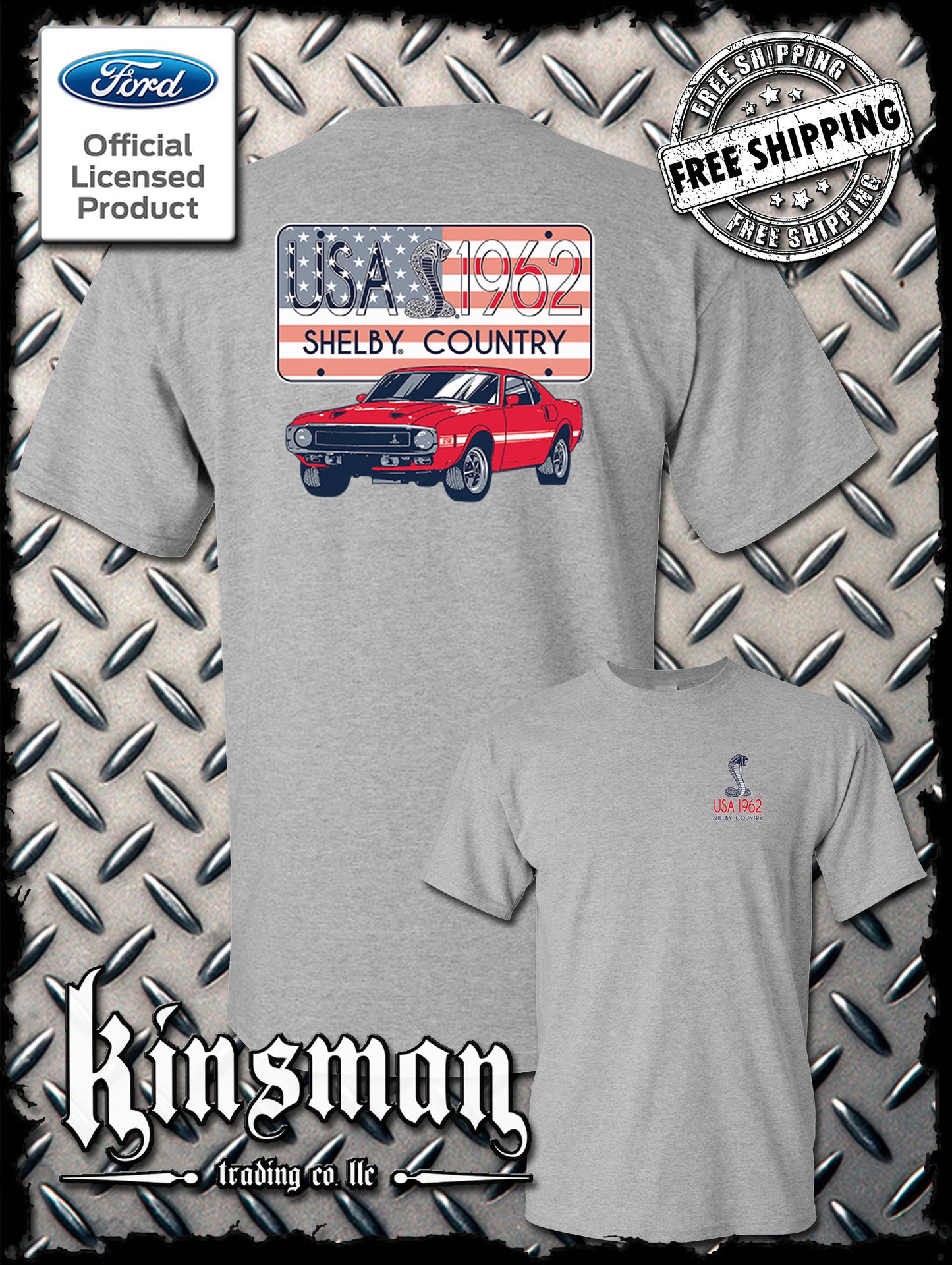 Carroll Shelby Country USA Flag 1962 License Plate 2-Sided T-Shirt