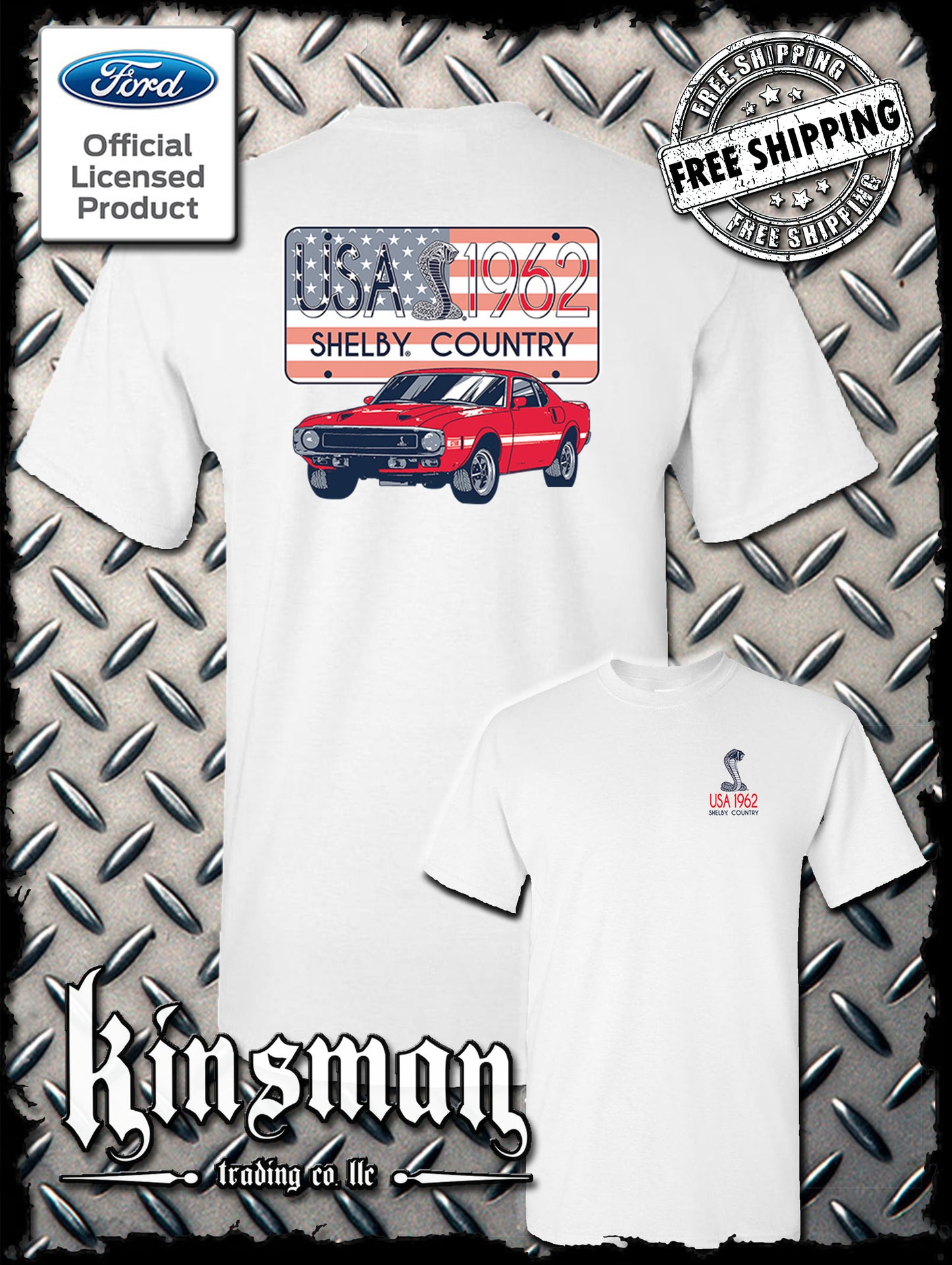 Carroll Shelby Country USA Flag 1962 License Plate 2-Sided T-Shirt