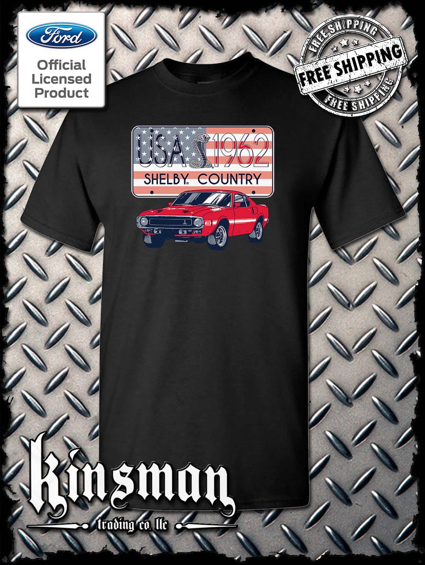 Carroll Shelby Country USA Flag 1962 License Plate T-Shirt