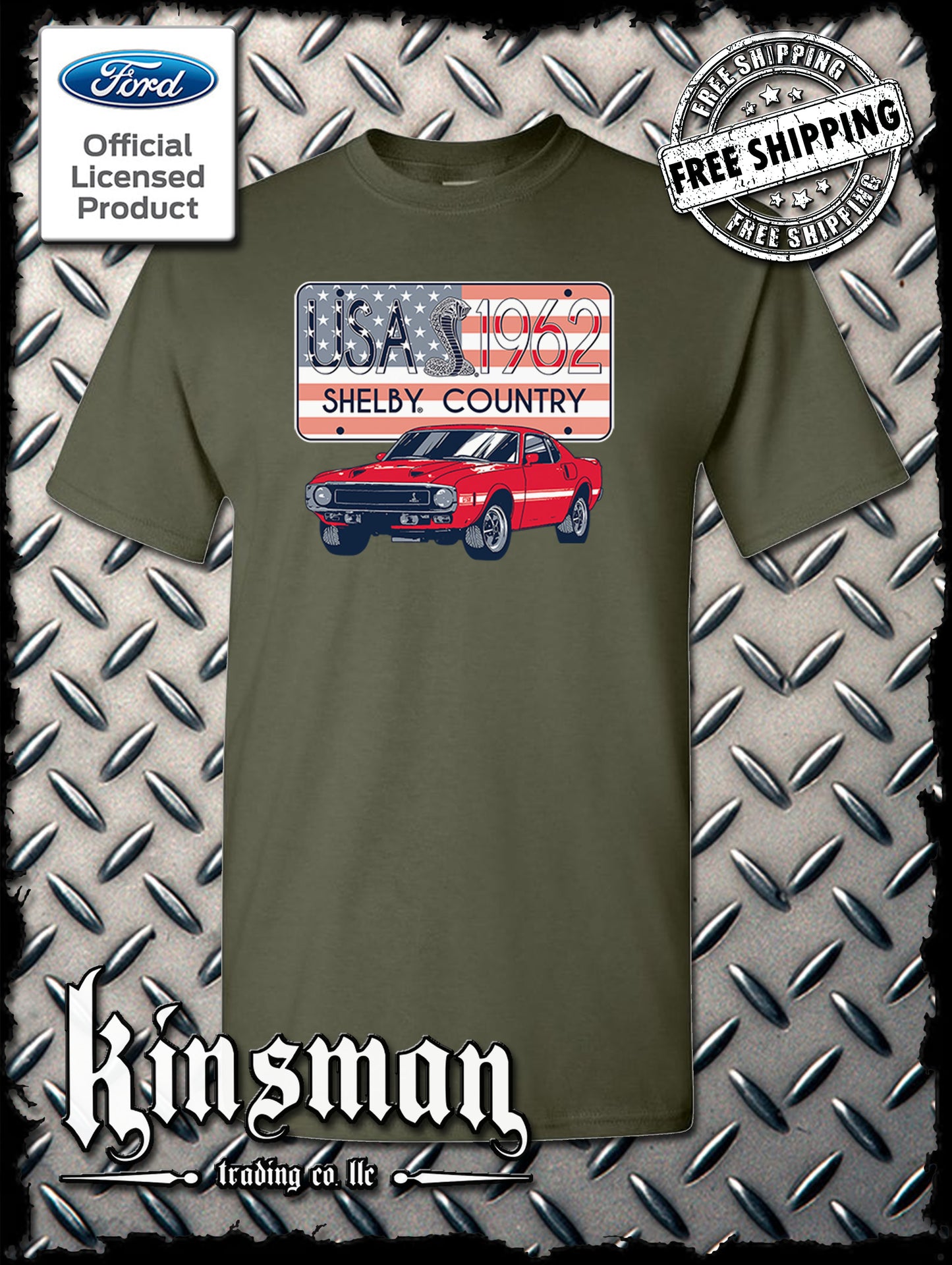 Carroll Shelby Country USA Flag 1962 License Plate T-Shirt