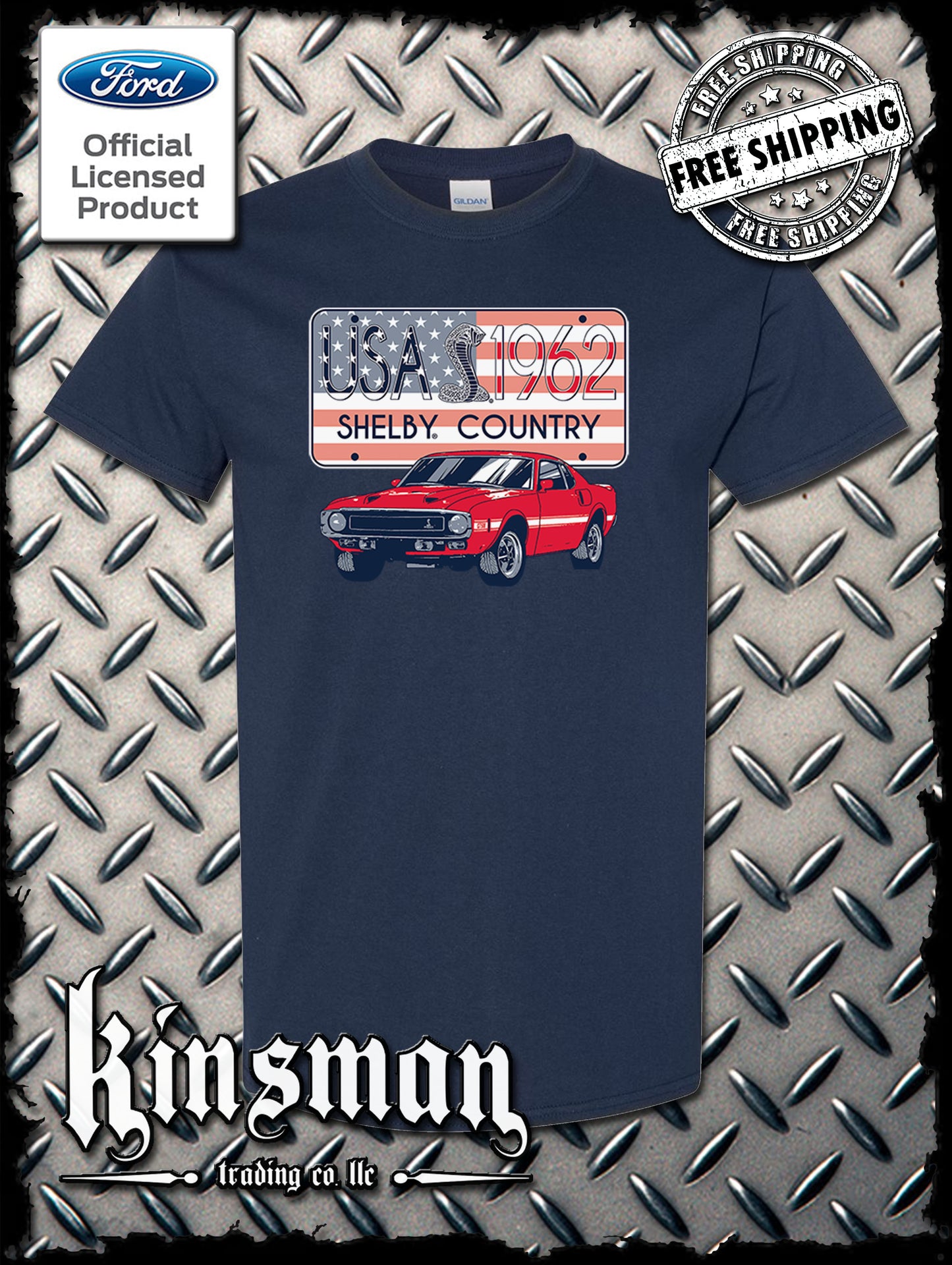 Carroll Shelby Country USA Flag 1962 License Plate T-Shirt