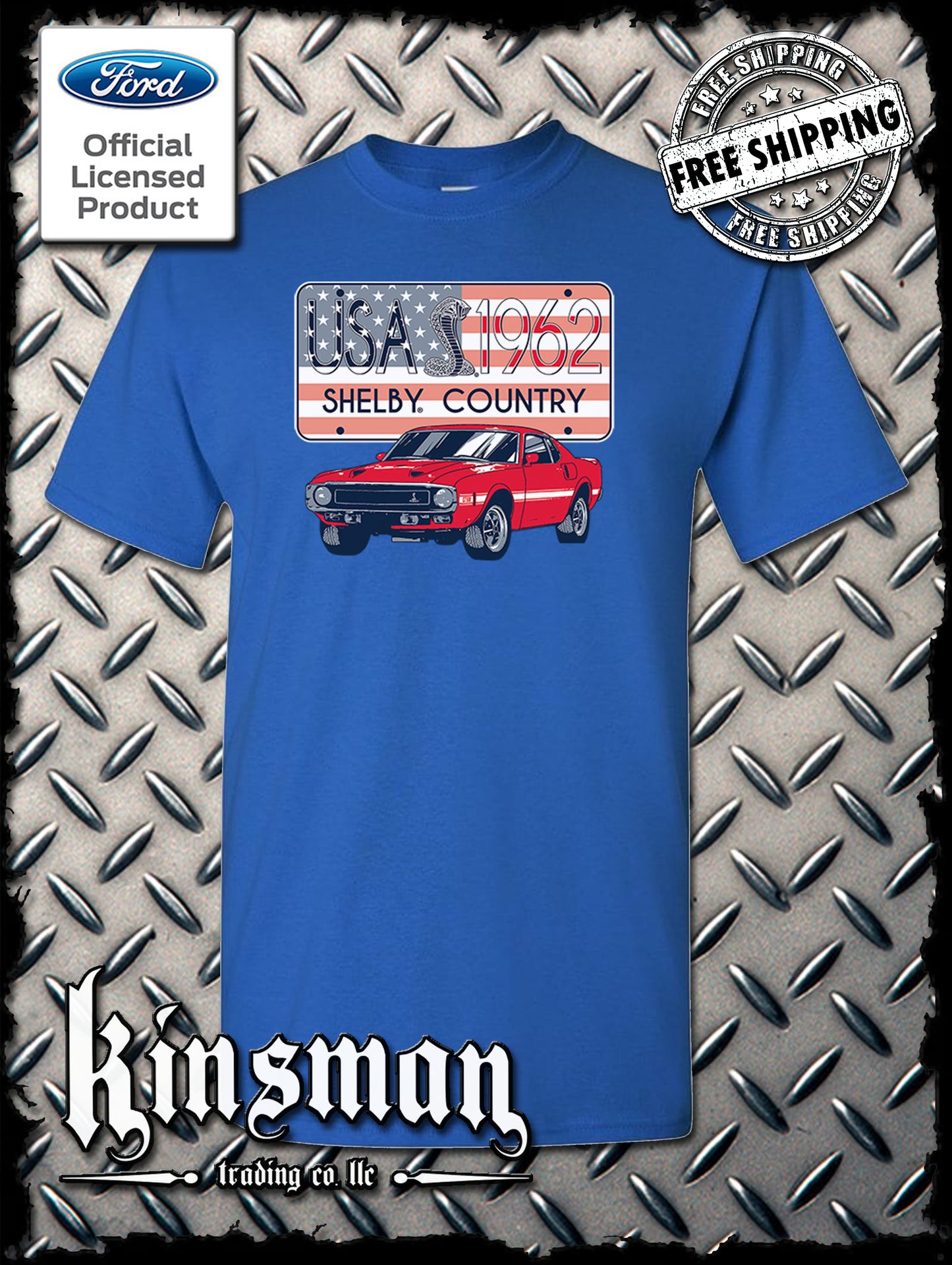 Carroll Shelby Country USA Flag 1962 License Plate T-Shirt