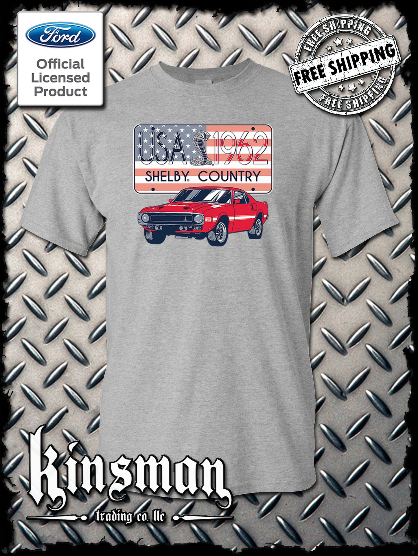 Carroll Shelby Country USA Flag 1962 License Plate T-Shirt