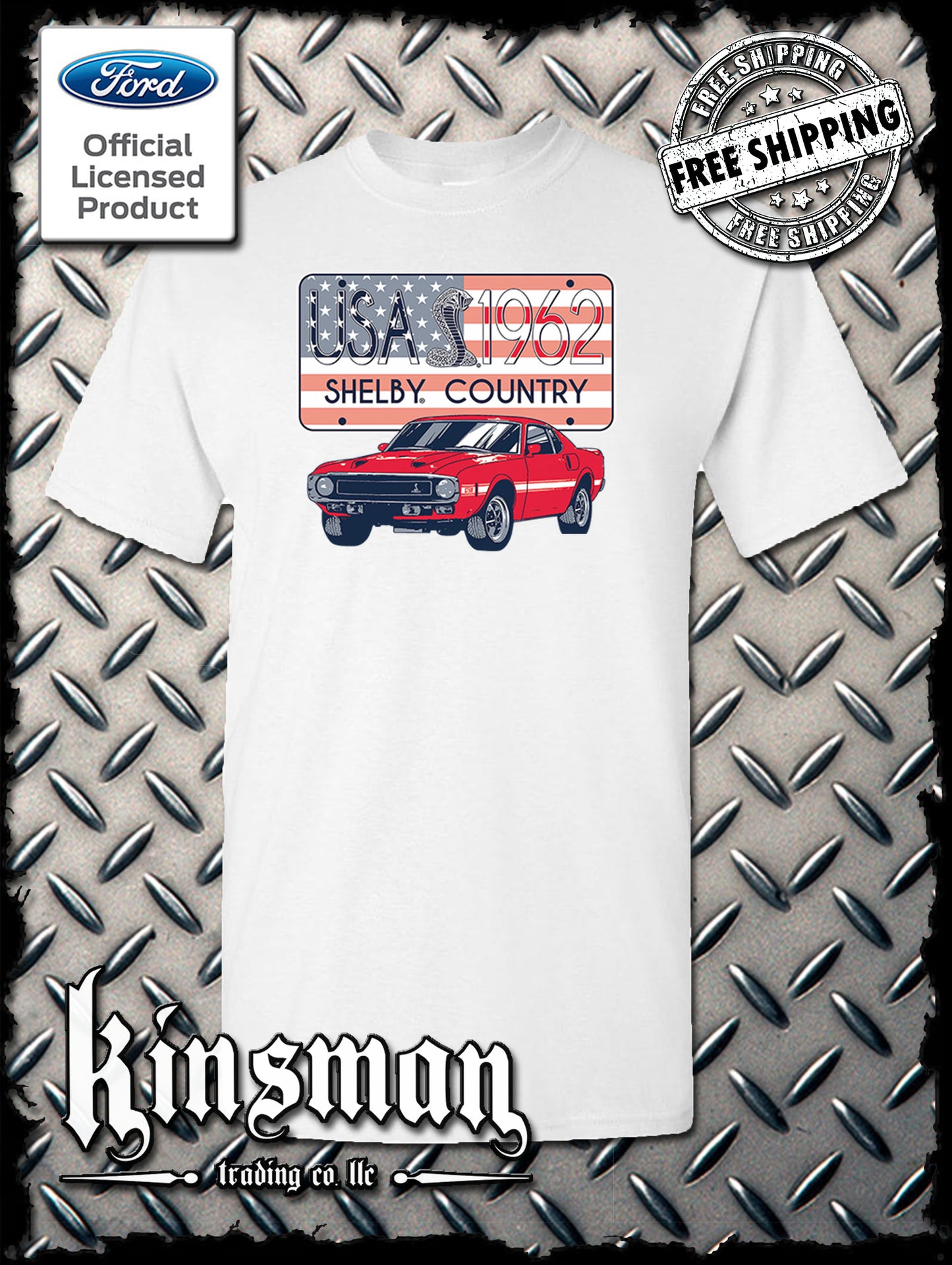 Carroll Shelby Country USA Flag 1962 License Plate T-Shirt