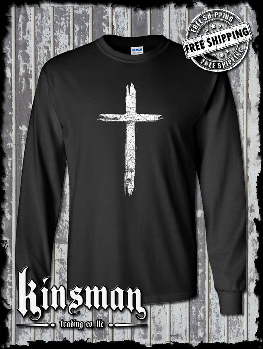 Cross Distressed Crucifix Long Sleeve T-Shirt / Catholic Christian Jesus God Faith