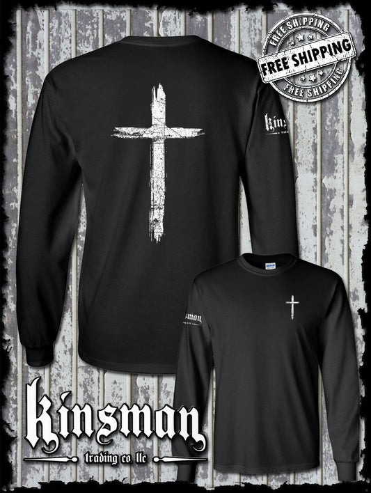 Cross Distressed Crucifix 2-Sided Long Sleeve T-Shirt / Catholic Christian Jesus God Faith