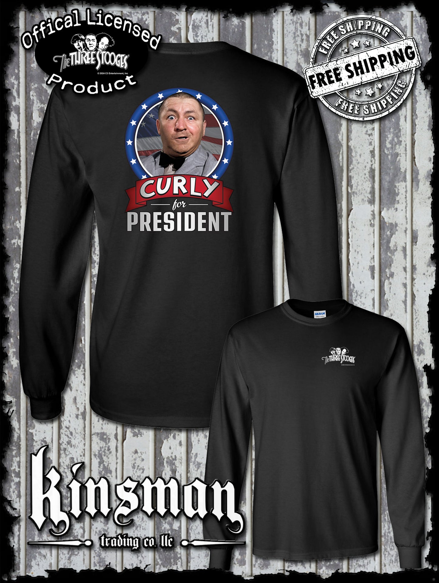 Three Stooges Curly For President 2-Sided Long Sleeve T-Shirt