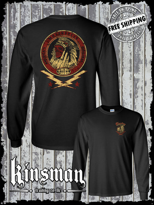 Custom Tradition Motorcycle Biker 2-Sided Long Sleeve T-Shirt / Indian Skull War Bonnet